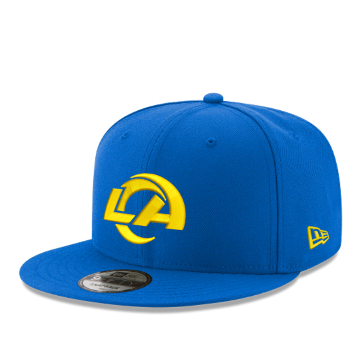 New Era Los Angeles Rams Royal Blue/Yellow 9FIFTY Snapback Hat front angled view