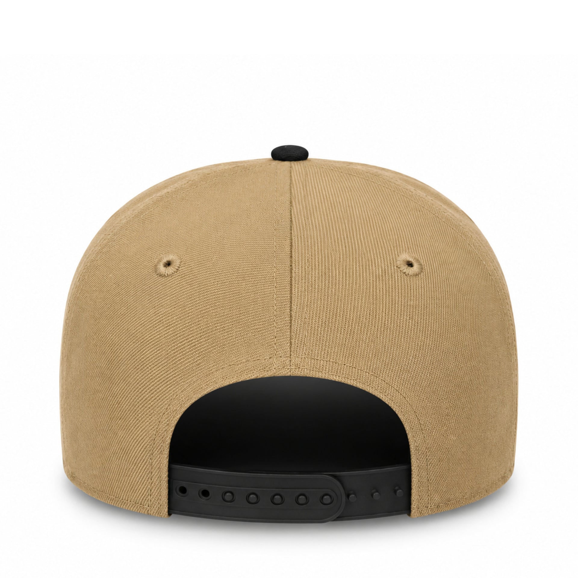 Back view of a tan structured snapback cap with a black adjustable strap and black button on a white background.