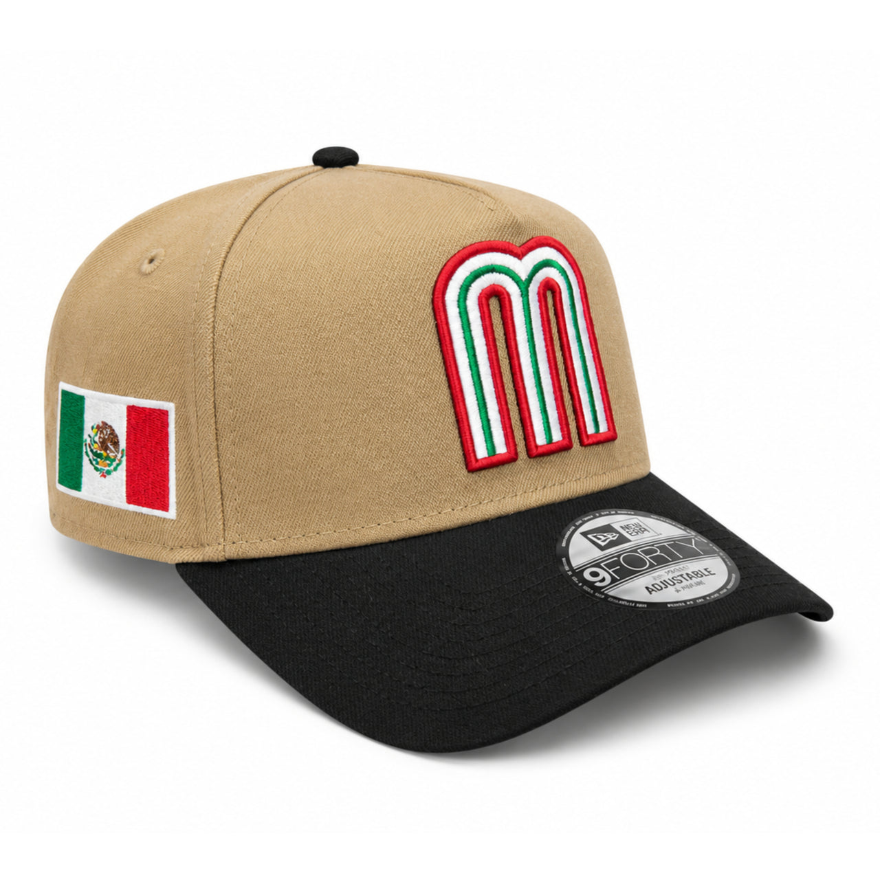 New Era Mexico Baseball 9FORTY A-Frame Snapback Hat Khaki Black angled front view