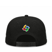 Black cap with a colorful logo on the back against a white background