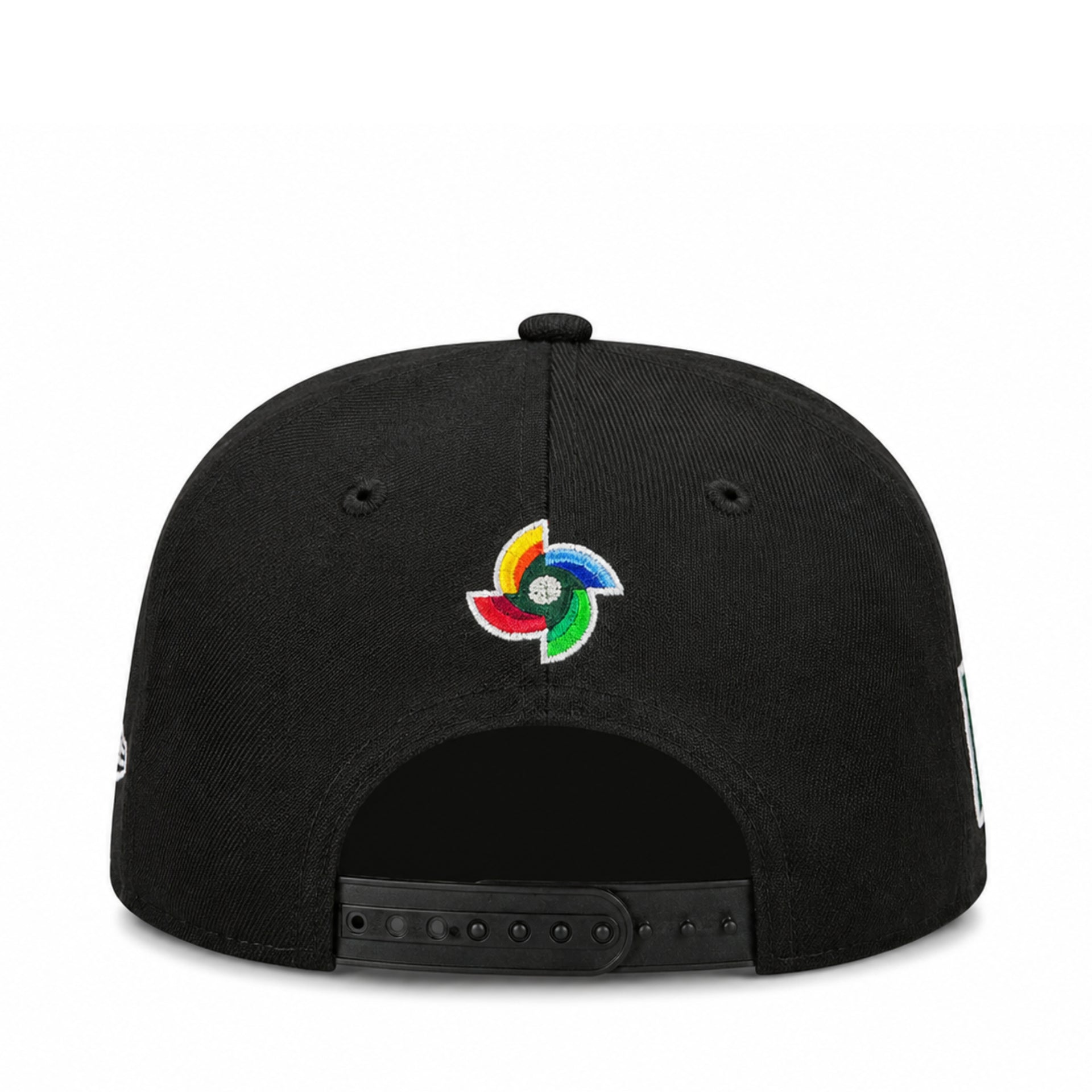 Black cap with a colorful logo on the back against a white background