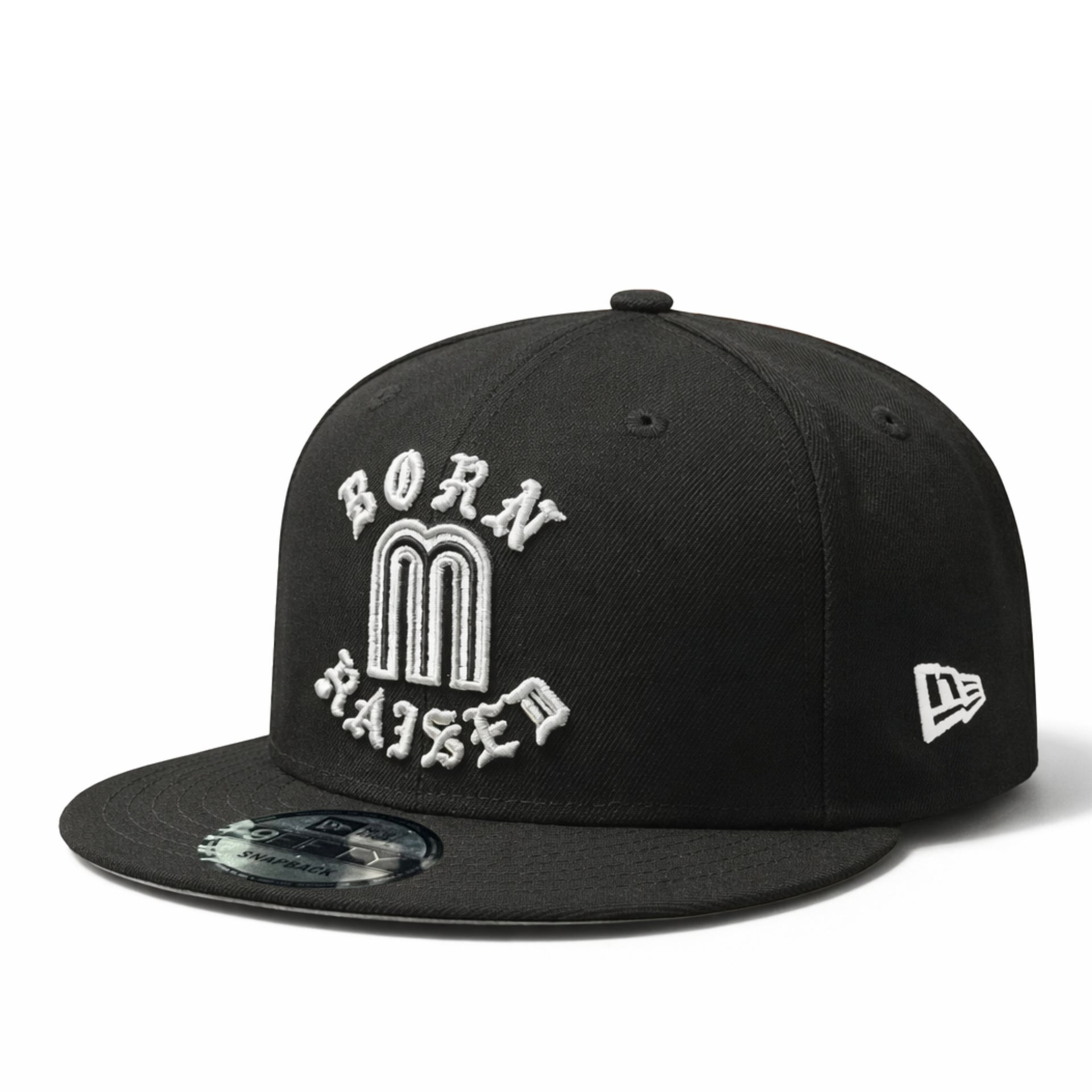 Black cap with 'Born Raised' text and New Era logo on a white background