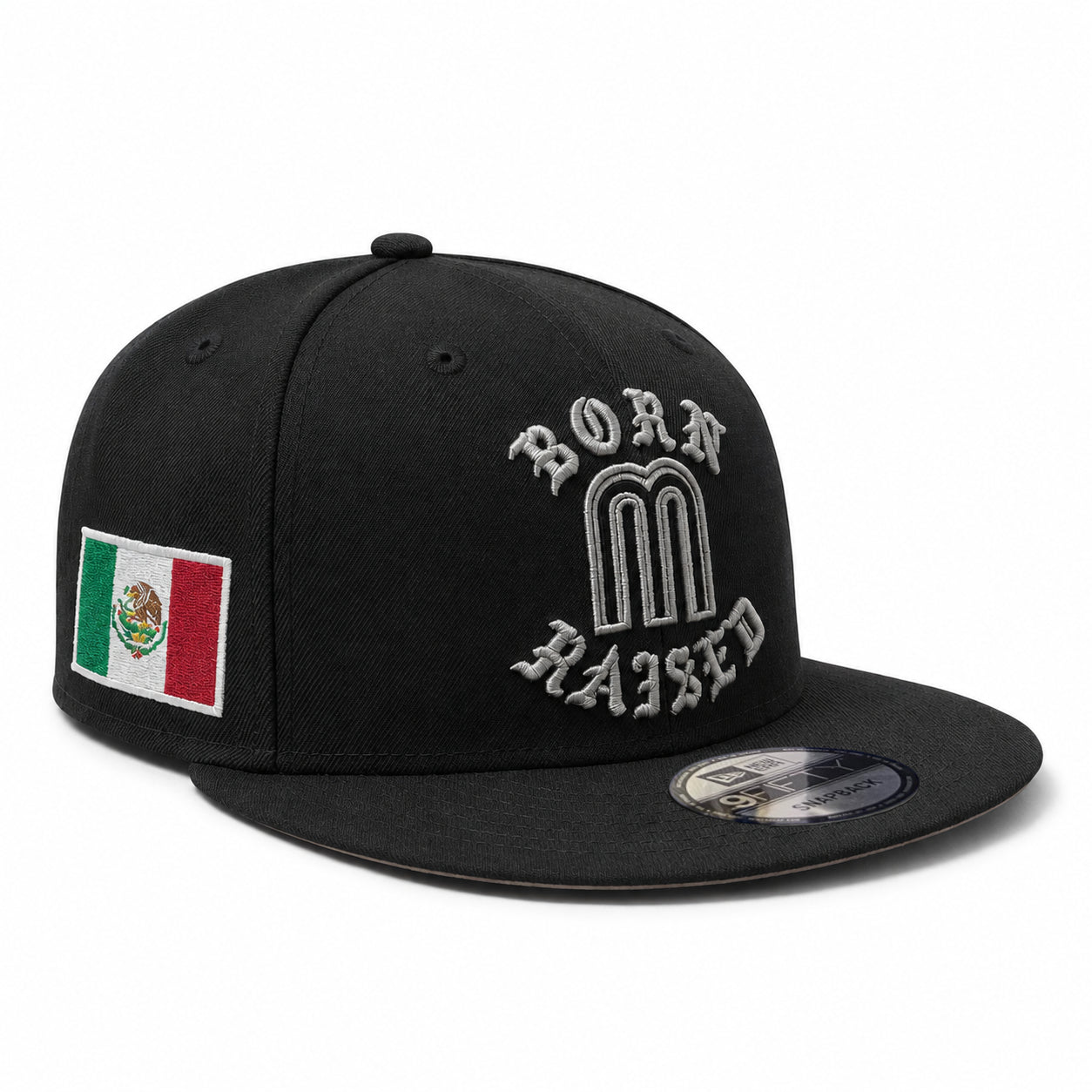 Black cap with 'Born Raised' text and Mexican flag on a white background