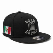 Black cap with 'Born Raised' text and Mexican flag on a white background