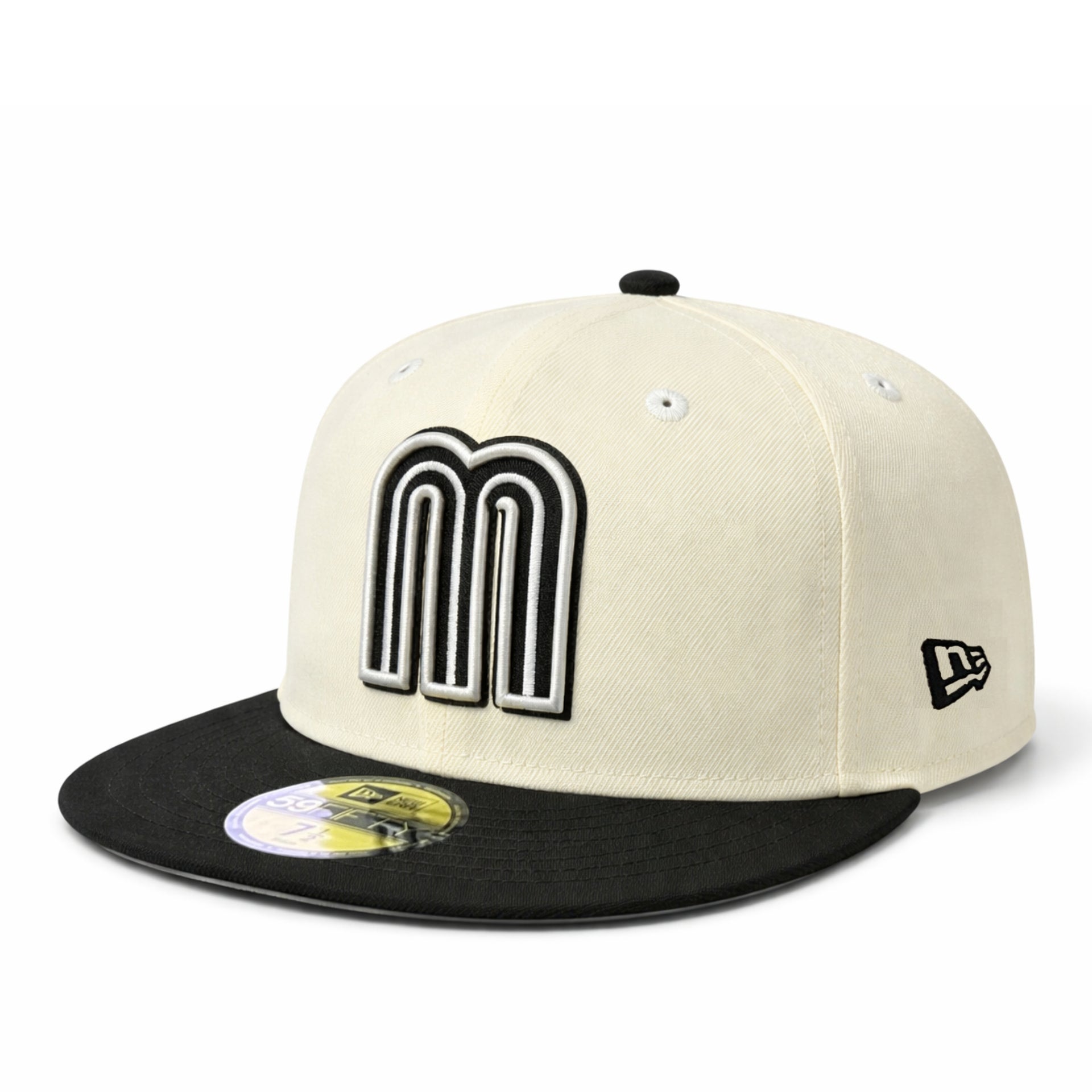 Beige and black cap with a logo on a white background