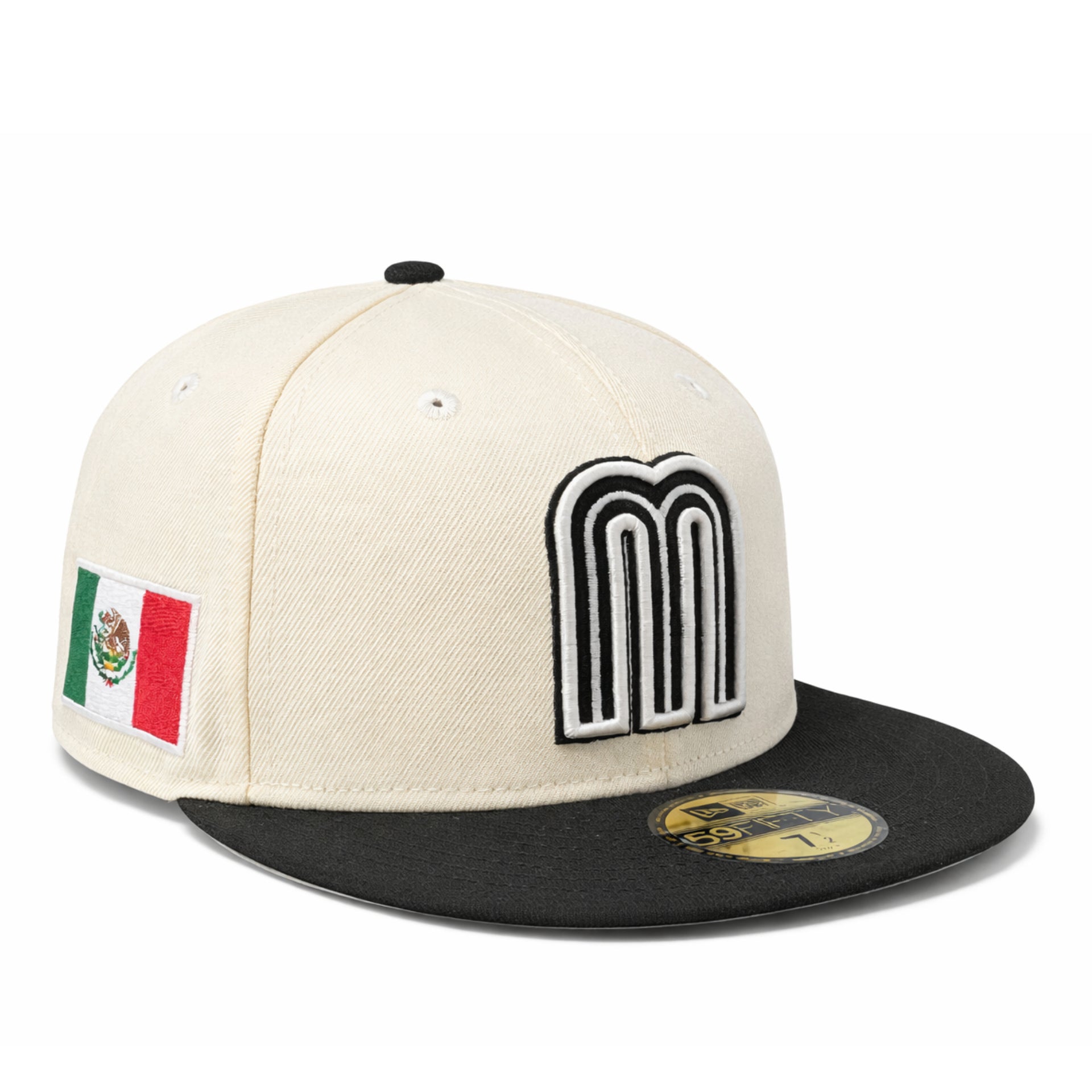 mexico flag on the side of New Era Mexico Baseball 59FIFTY Fitted Hat Chrome Black