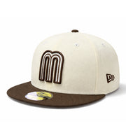 side view of Beige and brown cap with a logo and Mexican flag patch on a white background