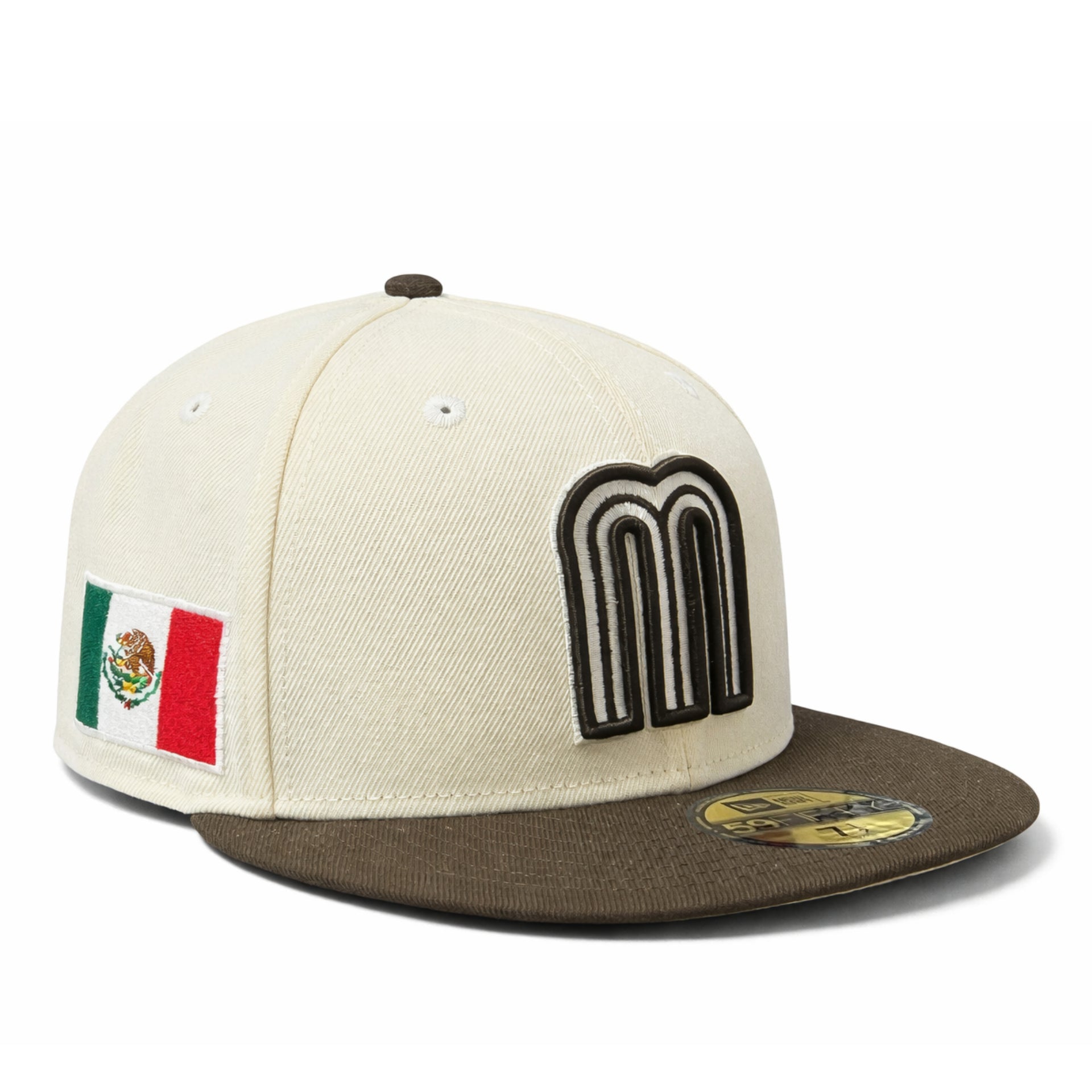 Beige and brown cap with a logo and Mexican flag patch on a white background