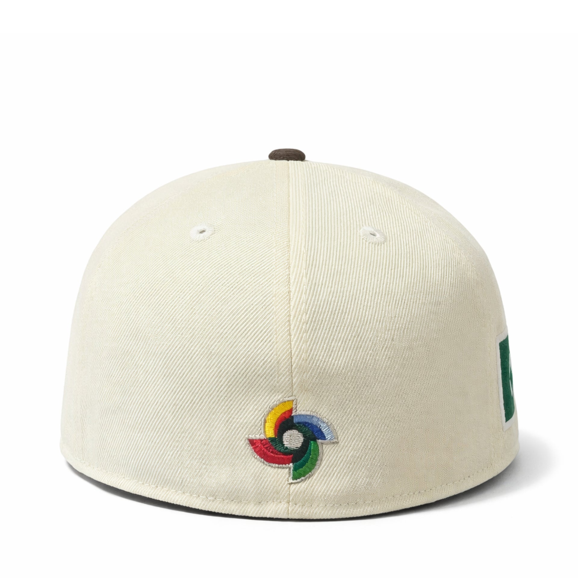 back view of Beige and brown cap with a logo and Mexican flag patch on a white background