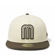 front view of Beige and brown cap with a logo and Mexican flag patch on a white background