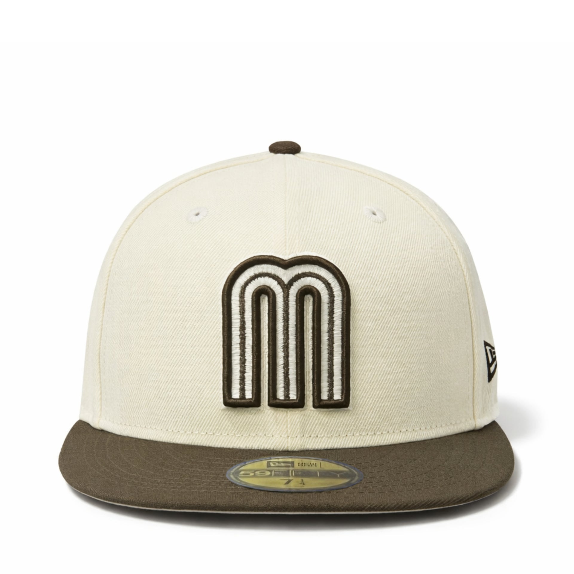 front view of Beige and brown cap with a logo and Mexican flag patch on a white background