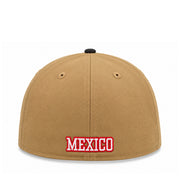 Back view of New Era Mexico Baseball khaki 59FIFTY fitted hat with white MEXICO embroidery outlined in red