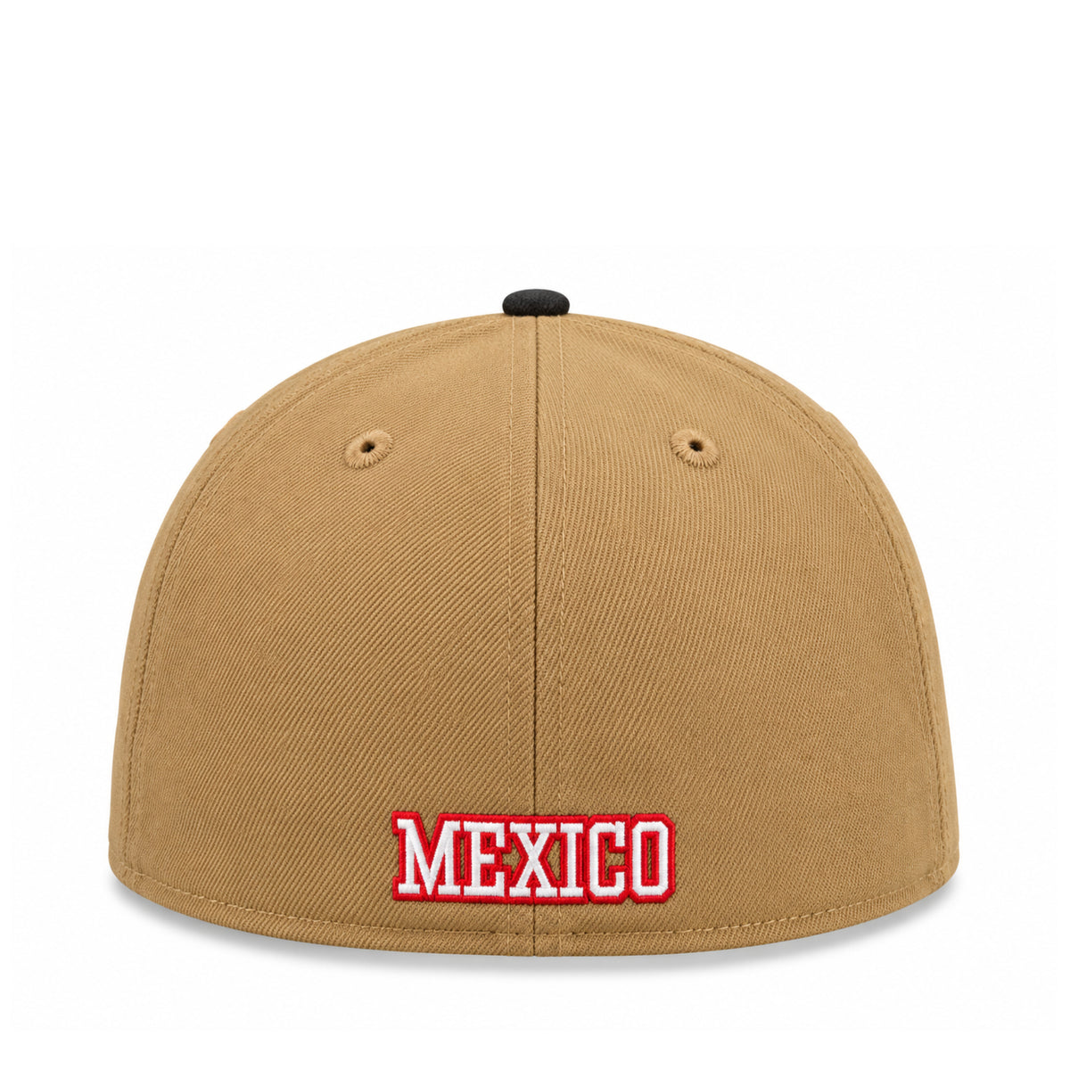 Back view of New Era Mexico Baseball khaki 59FIFTY fitted hat with white MEXICO embroidery outlined in red