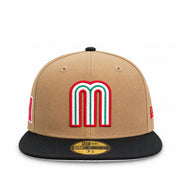 Front view of New Era Mexico Baseball 59FIFTY fitted hat featuring a red, white and green embroidered M logo on a khaki crown