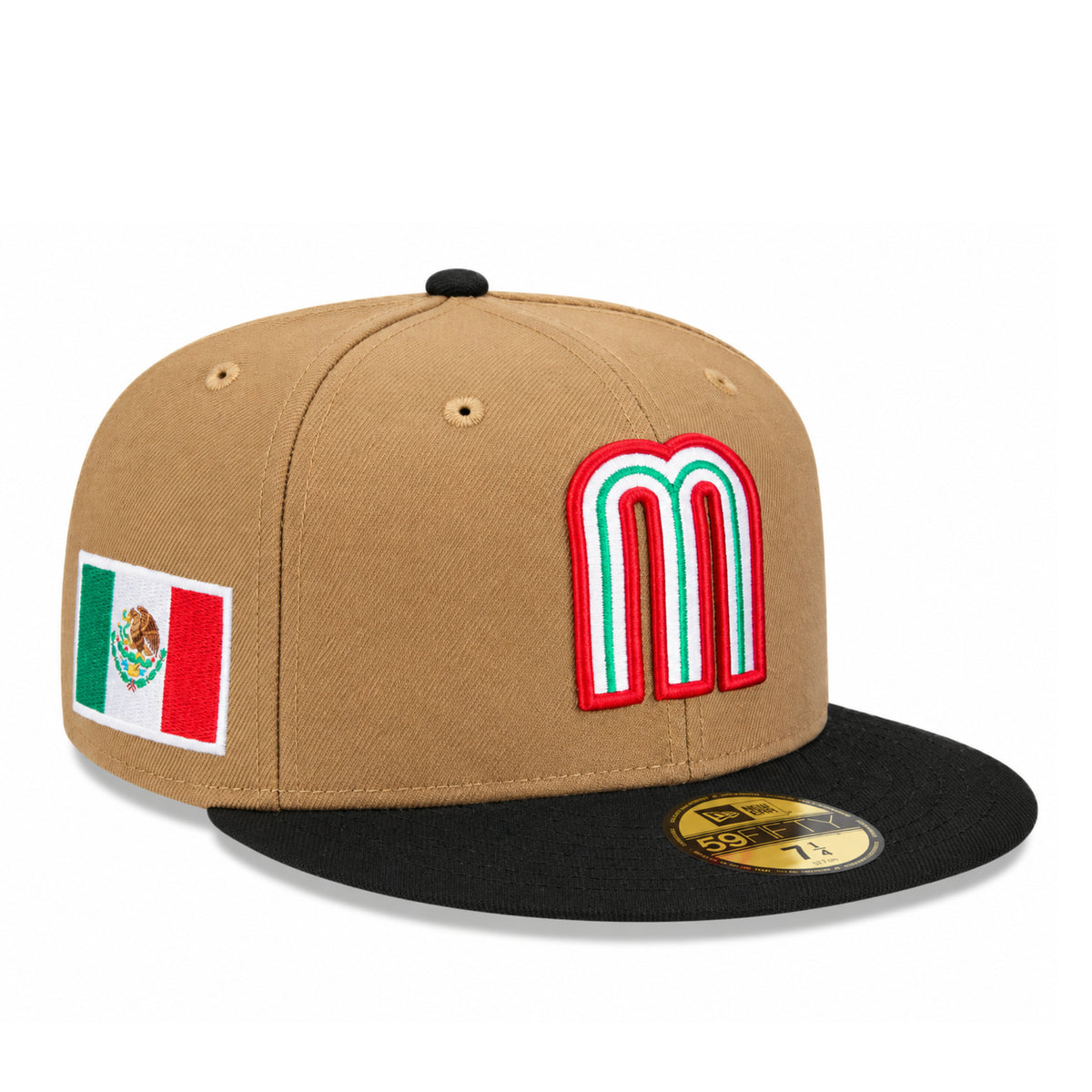 New Era Mexico Baseball 59FIFTY fitted hat in khaki and black, front angled view showing the Mexico M logo and Mexican flag side patch
