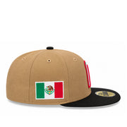 Side view of New Era Mexico Baseball 59FIFTY fitted hat with khaki crown, black flat visor and embroidered Mexican flag patch