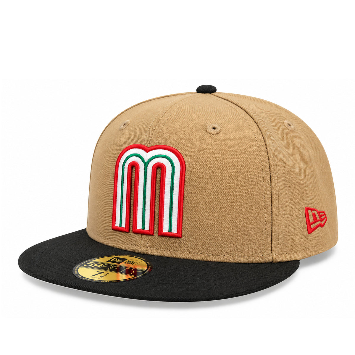 New Era Mexico Baseball khaki and black 59FIFTY fitted hat angled view showing the embroidered M logo and red New Era flag