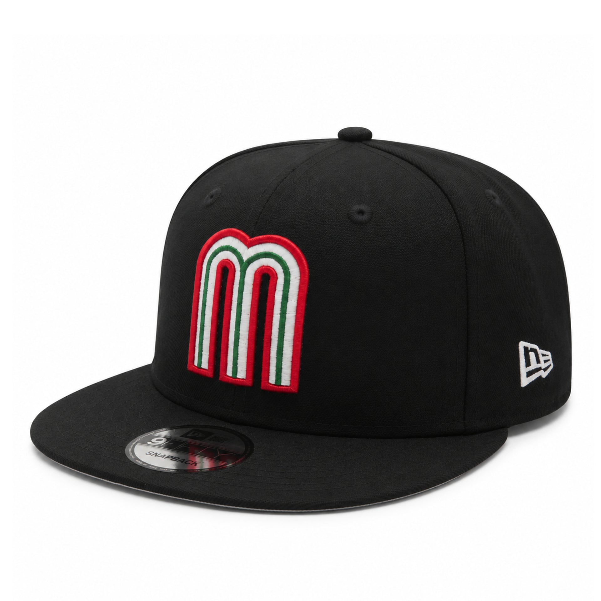 New Era Mexico Baseball Black 9FIFTY Snapback hat front left angle view