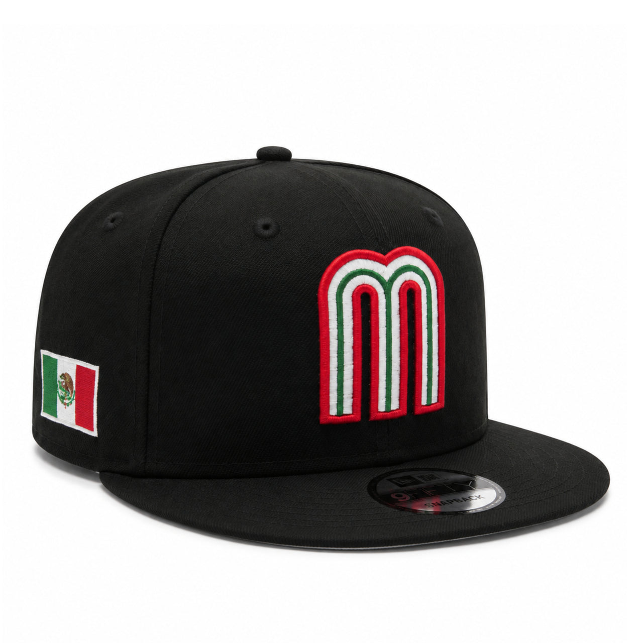 New Era Mexico Baseball Black 9FIFTY Snapback hat front angle view