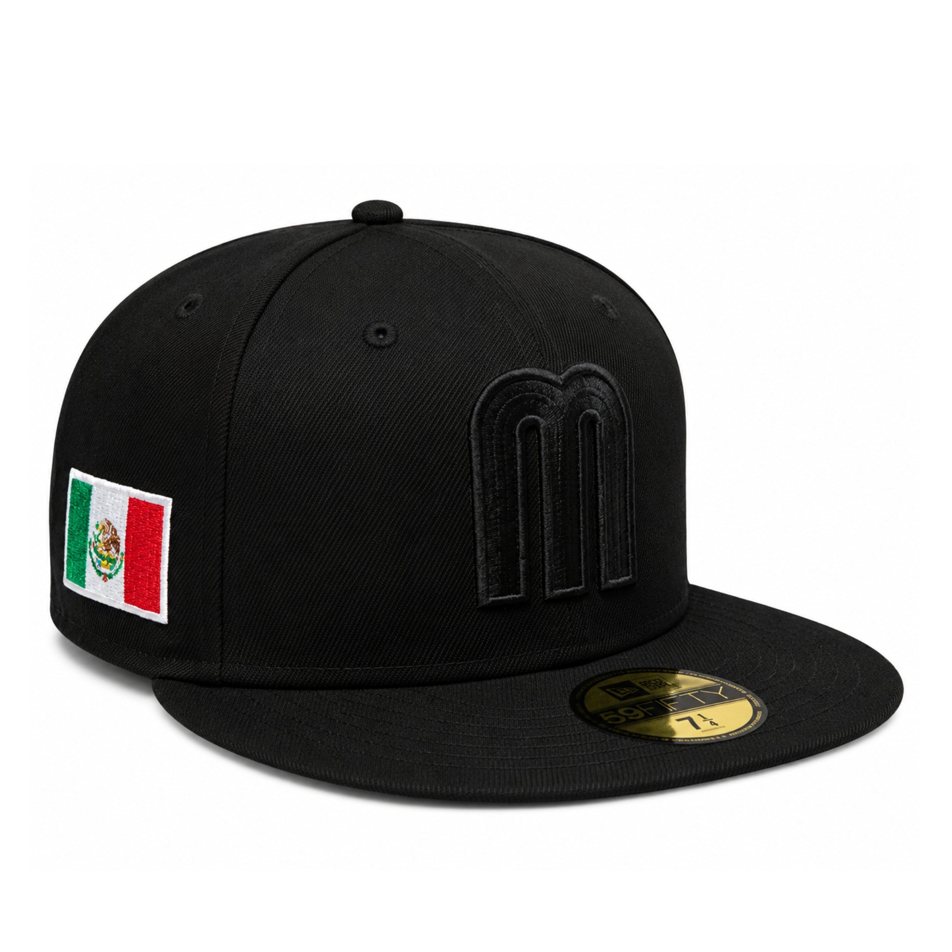 New Era Mexico Baseball Flag Black on Black 59FIFTY Fitted Hat front right view