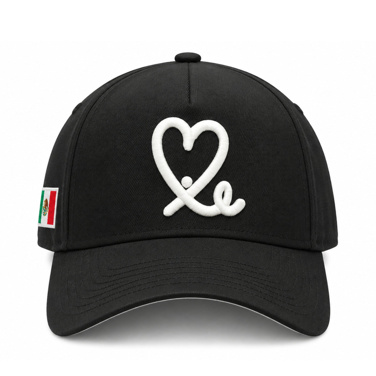 Front view of New Era Mexico Heart 9FORTY A-Frame black snapback with white heart embroidery