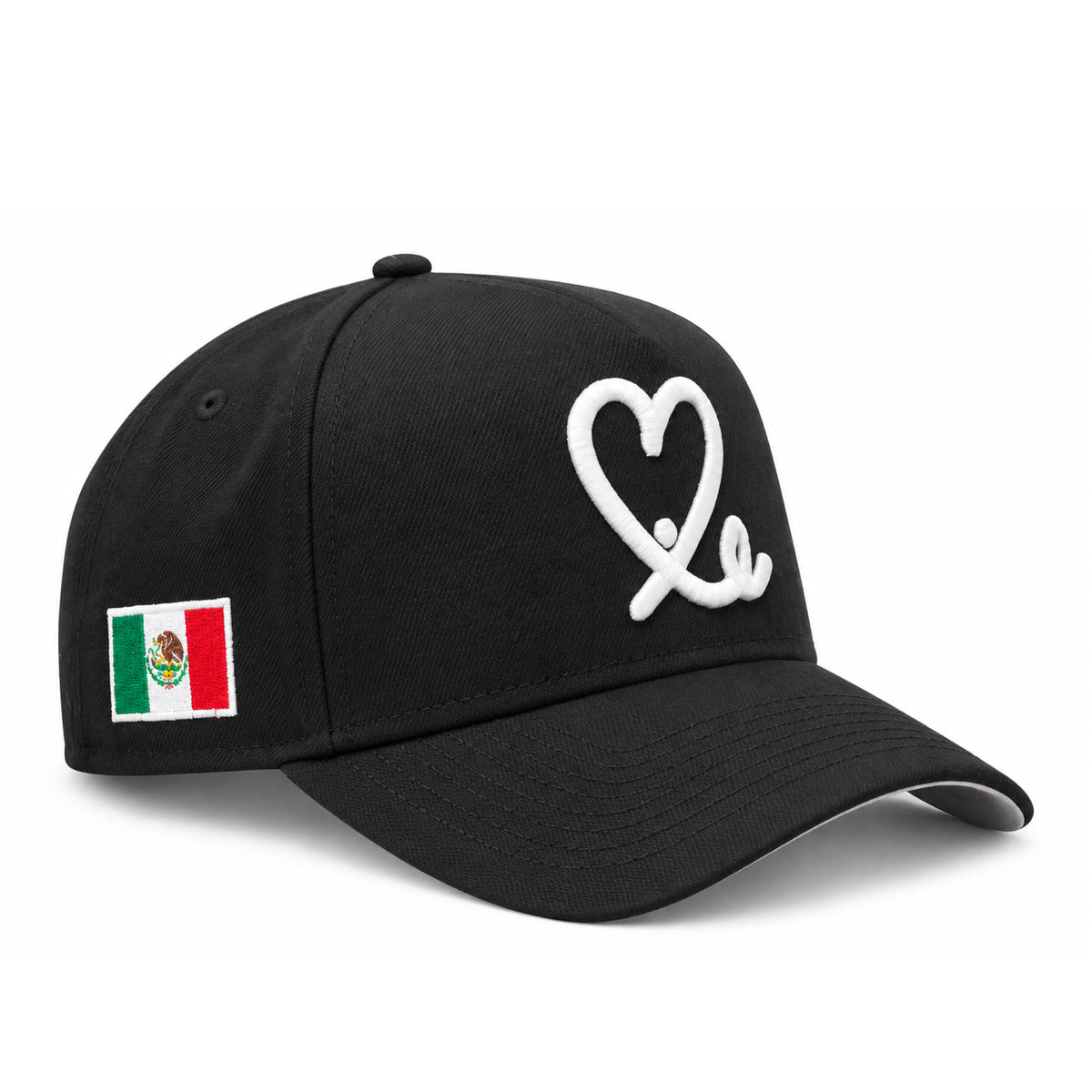 New Era Mexico Heart Glow in the Dark 9FORTY A-Frame black snapback hat with Mexican flag patch, front angle view