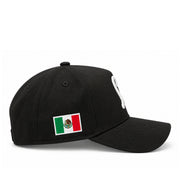Side view of black New Era Mexico Heart snapback hat featuring embroidered Mexican flag patch