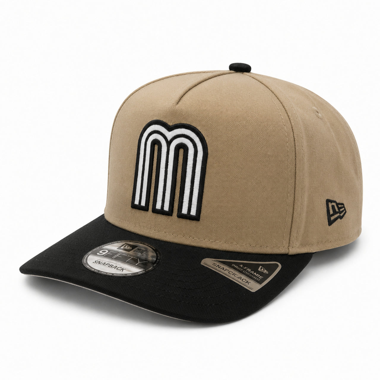 New Era Mexico Baseball Khaki Black 9FIFTY A-Frame Snapback Hat front angle view
