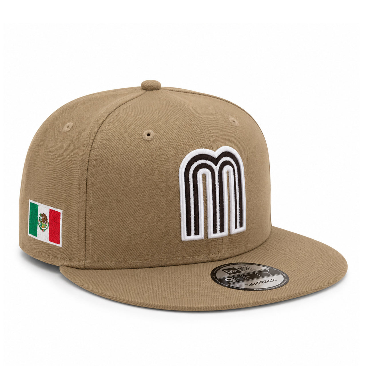 New Era Mexico Khaki Brown 9FIFTY Snapback Hat front right angle view