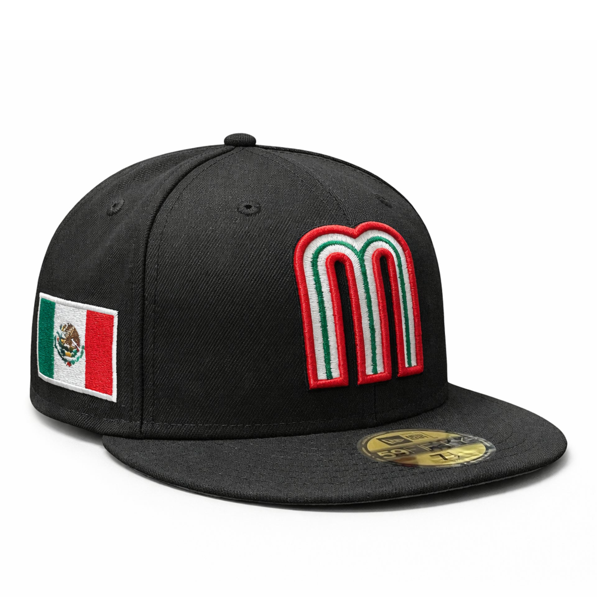 Black cap with Mexican flag patch and logo on a white background