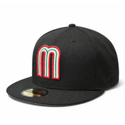 Black baseball cap with a colorful 'm' logo on a white background