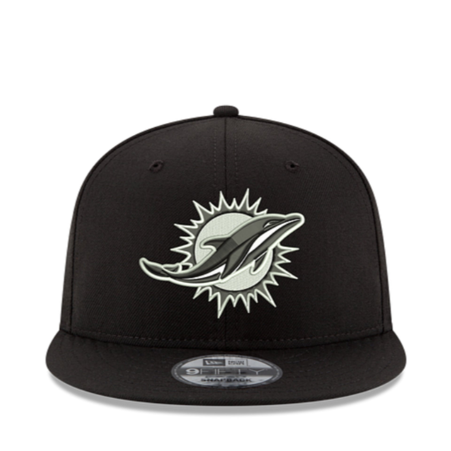 New Era Miami Dolphins Black 9FIFTY Snapback Hat front view