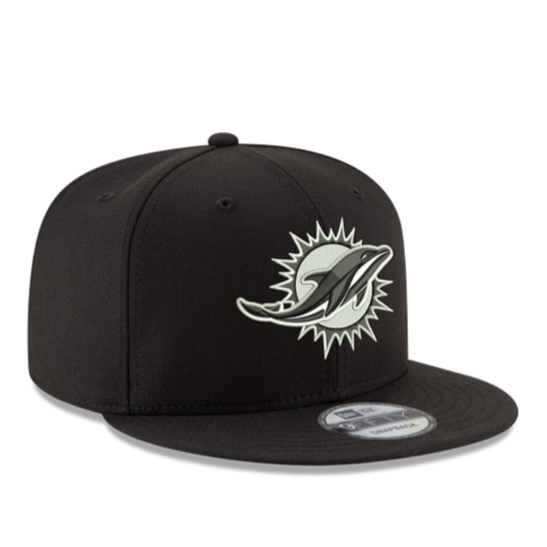 New Era Miami Dolphins Black 9FIFTY Snapback Hat right front view