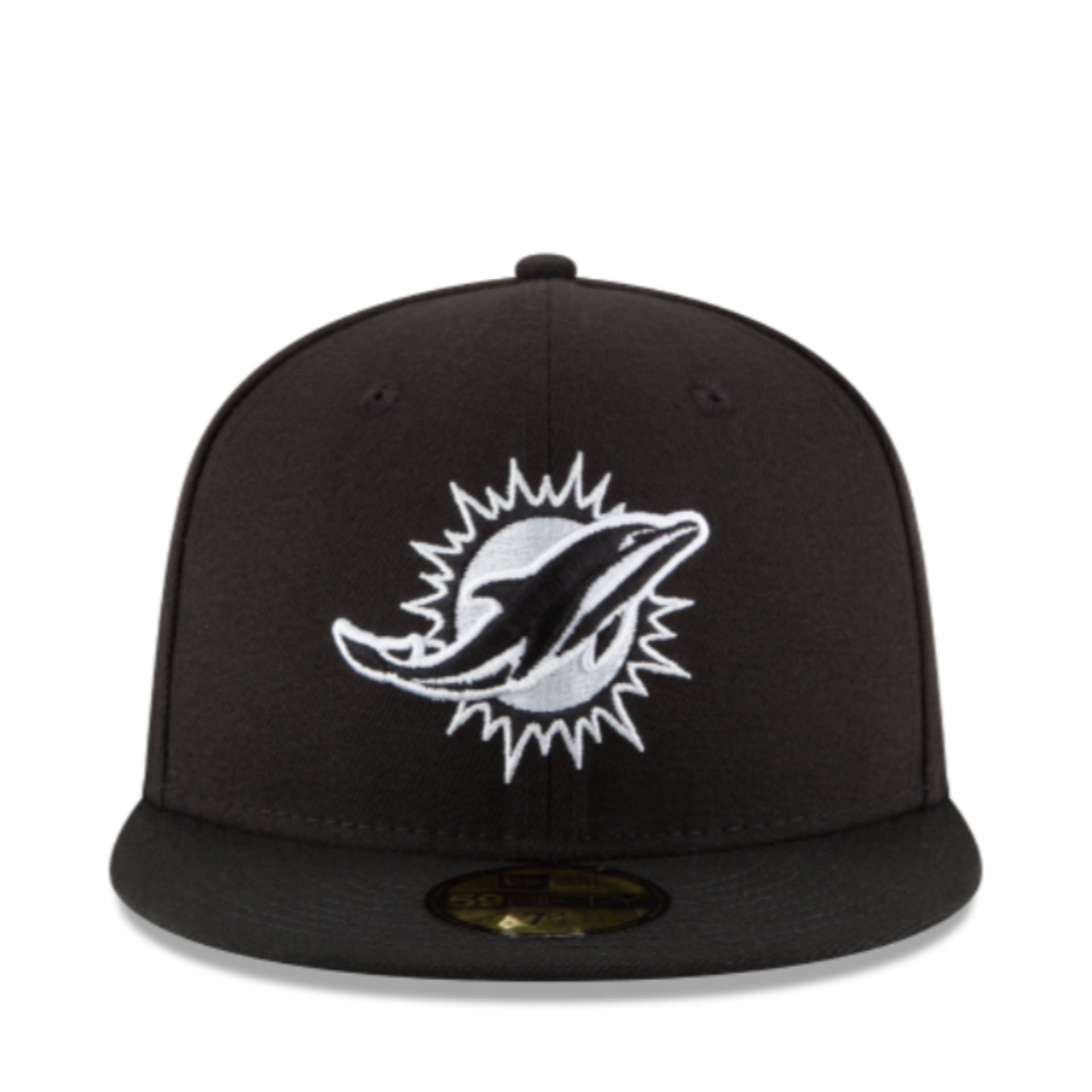 New Era NFL Miami Dolphins Black White 59FIFTY Fitted Hat front view