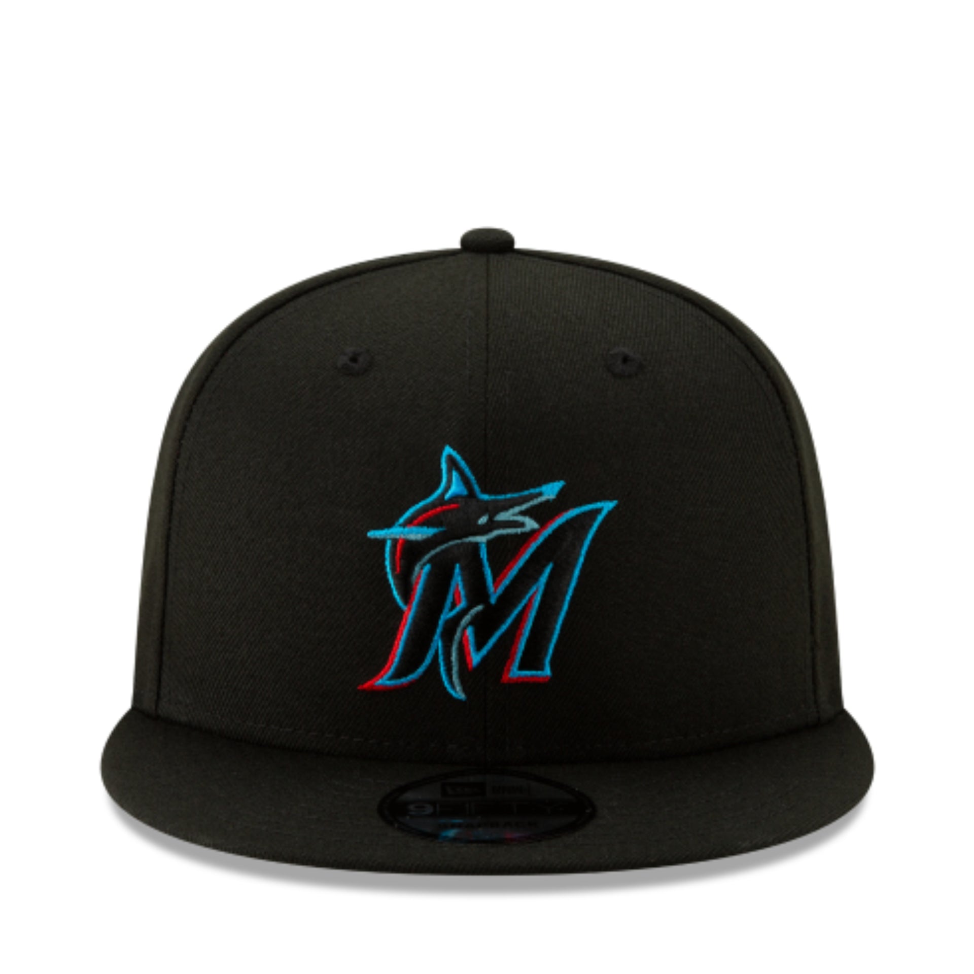 New Era Miami Marlins Black 9FIFTY Snapback Hat front view