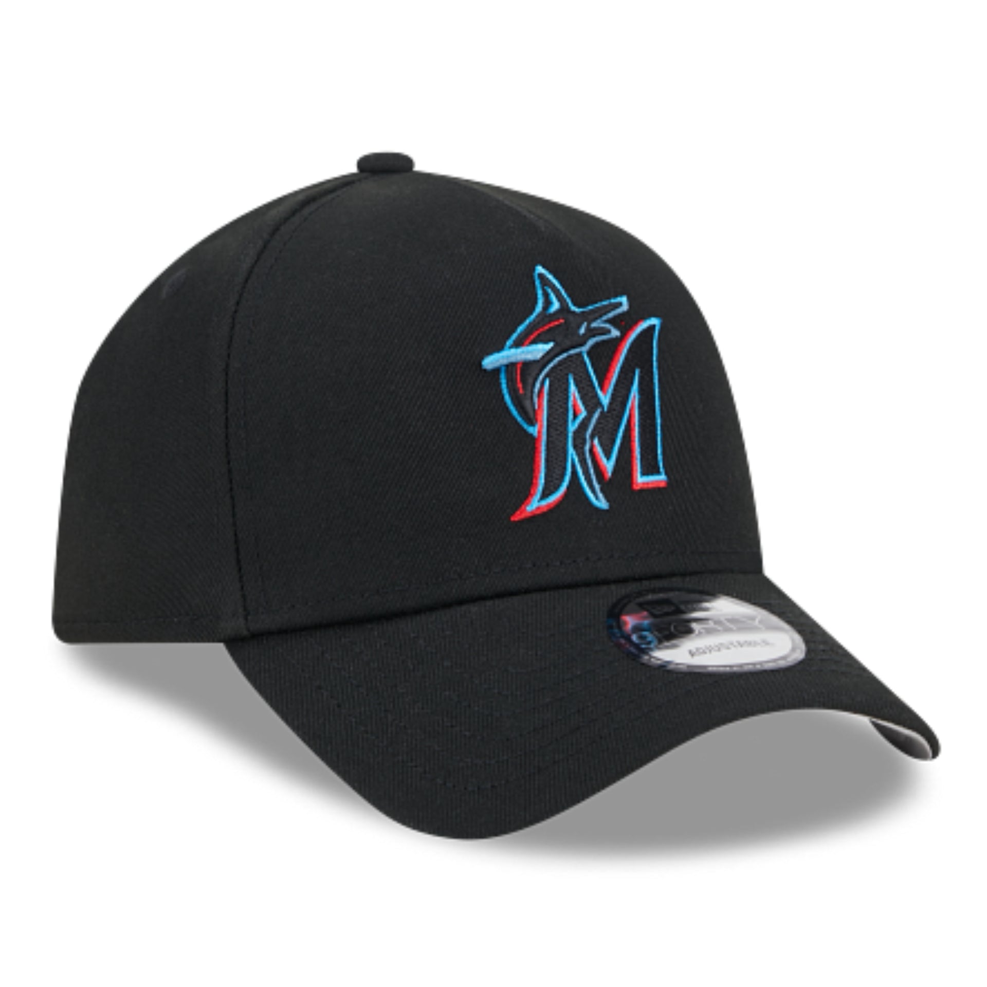 New Era Miami Marlins Black 9FORTY A-Frame Snapback Hat front right angle view