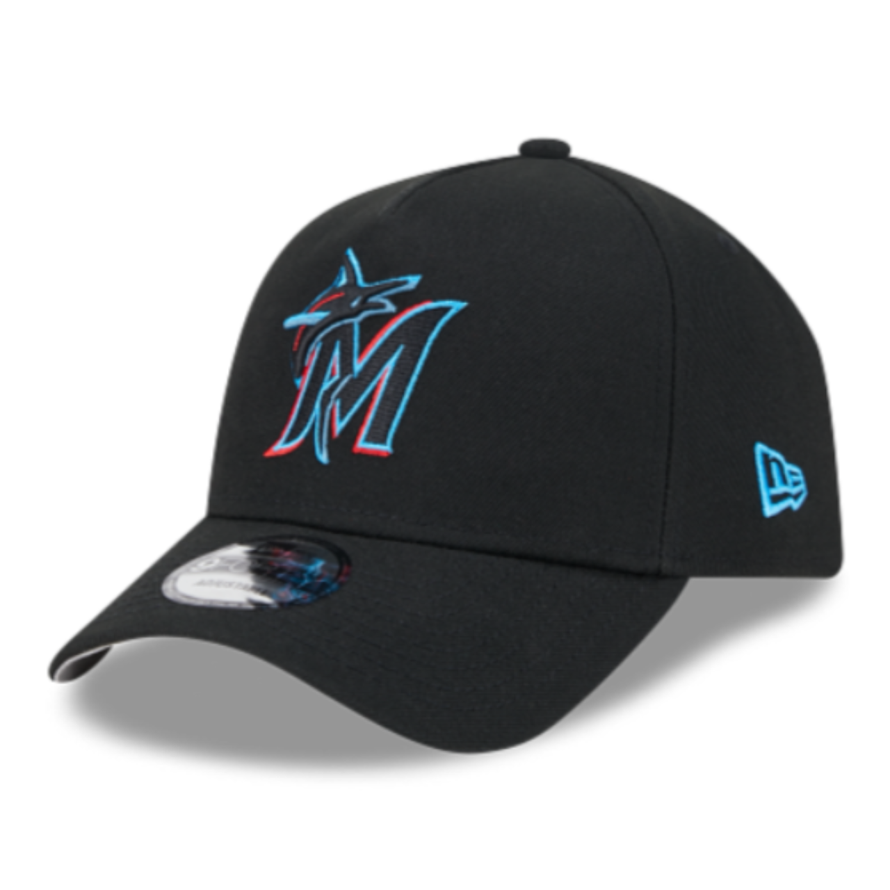 new era black Miami marlins 9forty a-frame snapback hat front left angle view