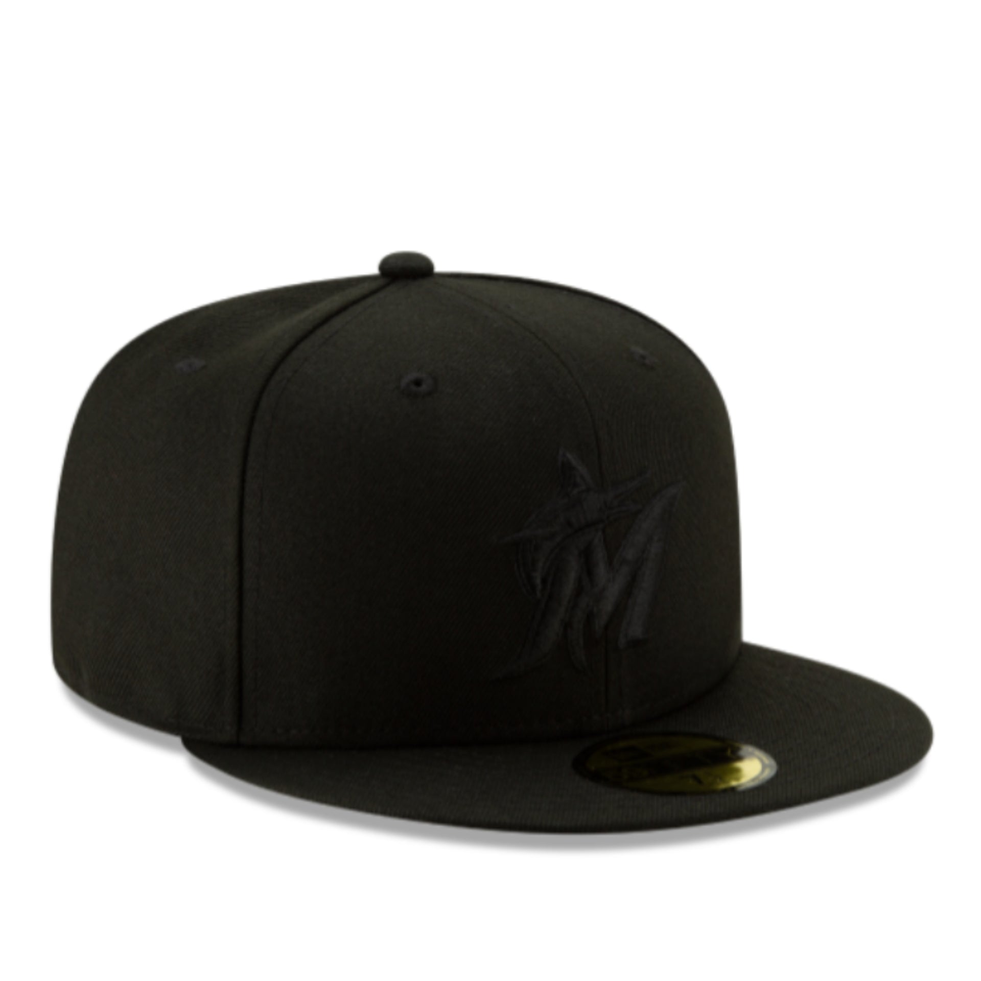 New Era Miami Marlins Black on Black 59FIFTY Fitted Hat front right angle view