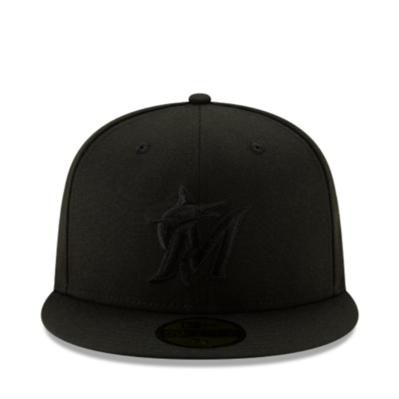 New Era Miami Marlins Black on Black 59FIFTY Fitted Hat front view