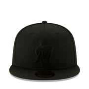 New Era Miami Marlins Black on Black 59FIFTY Fitted Hat front view