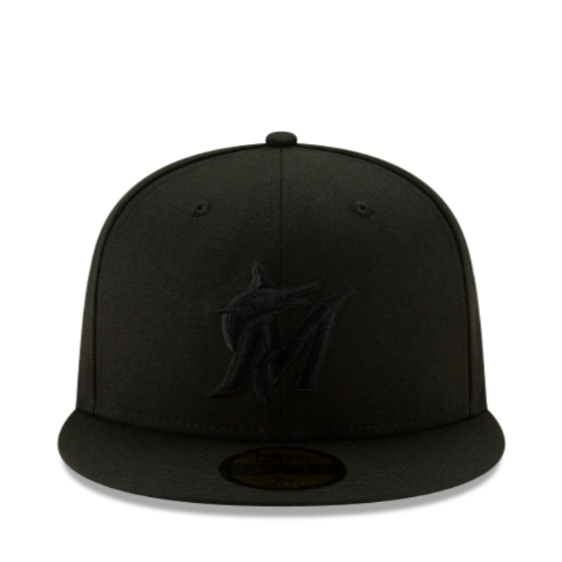 New Era Miami Marlins Black on Black 59FIFTY Fitted Hat front view