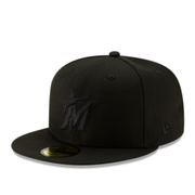 New Era Miami Marlins Black on Black 59FIFTY Fitted Hat front angle view