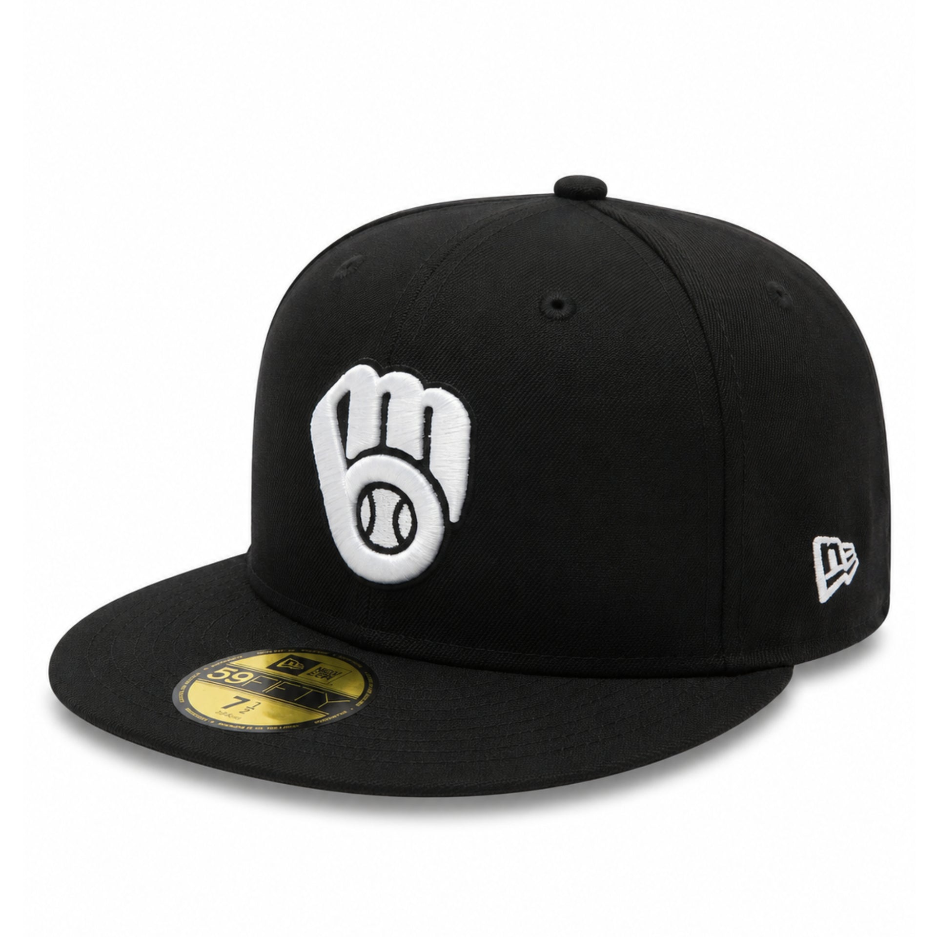New Era Milwaukee Brewers 50th Anniversary Black 59FIFTY Fitted Hat front left angle view