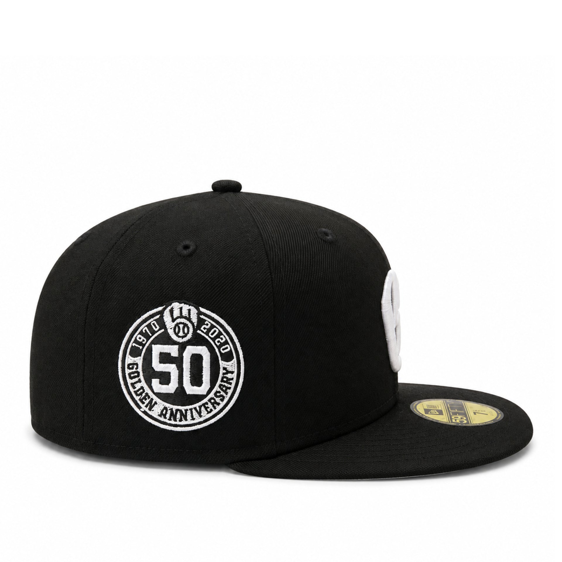 New Era Milwaukee Brewers 50th Anniversary Black 59FIFTY Fitted Hat side patch view