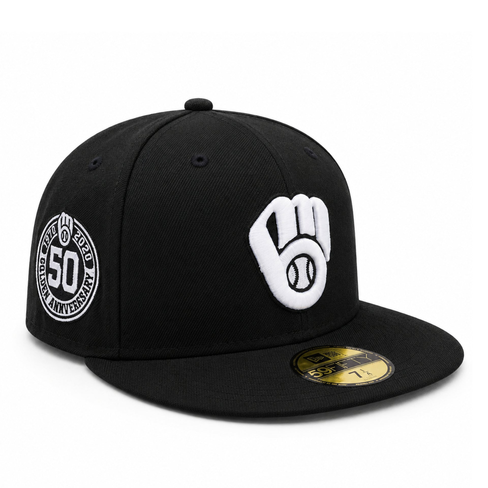 New Era Milwaukee Brewers 50th Anniversary Black 59FIFTY Fitted Hat front right angle view