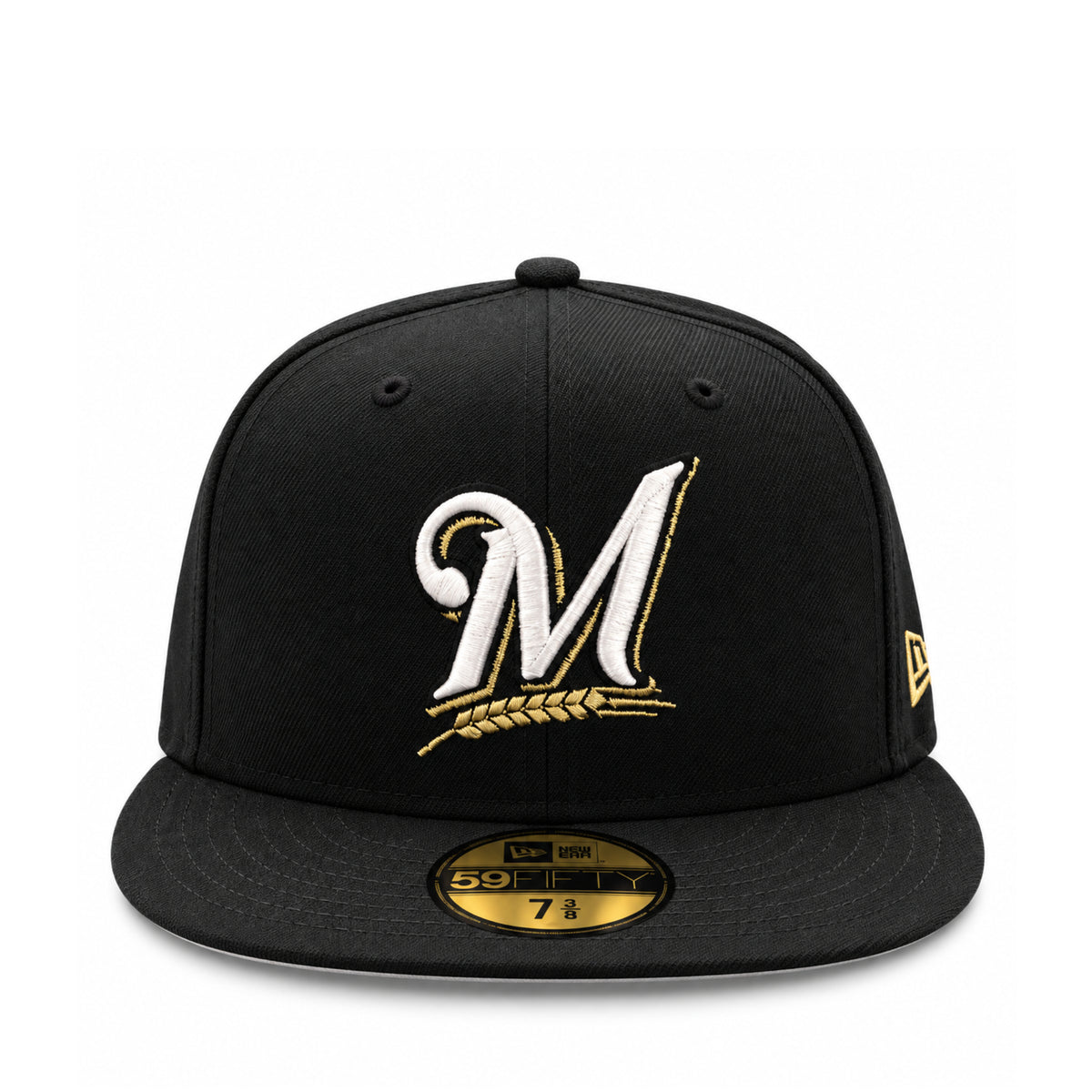 New Era Milwaukee Brewers Gold Wheat Black 59FIFTY Fitted Hat front view