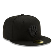 New Era Milwaukee Brewers Black on Black Glove Logo 59FIFTY Fitted Hat front right view
