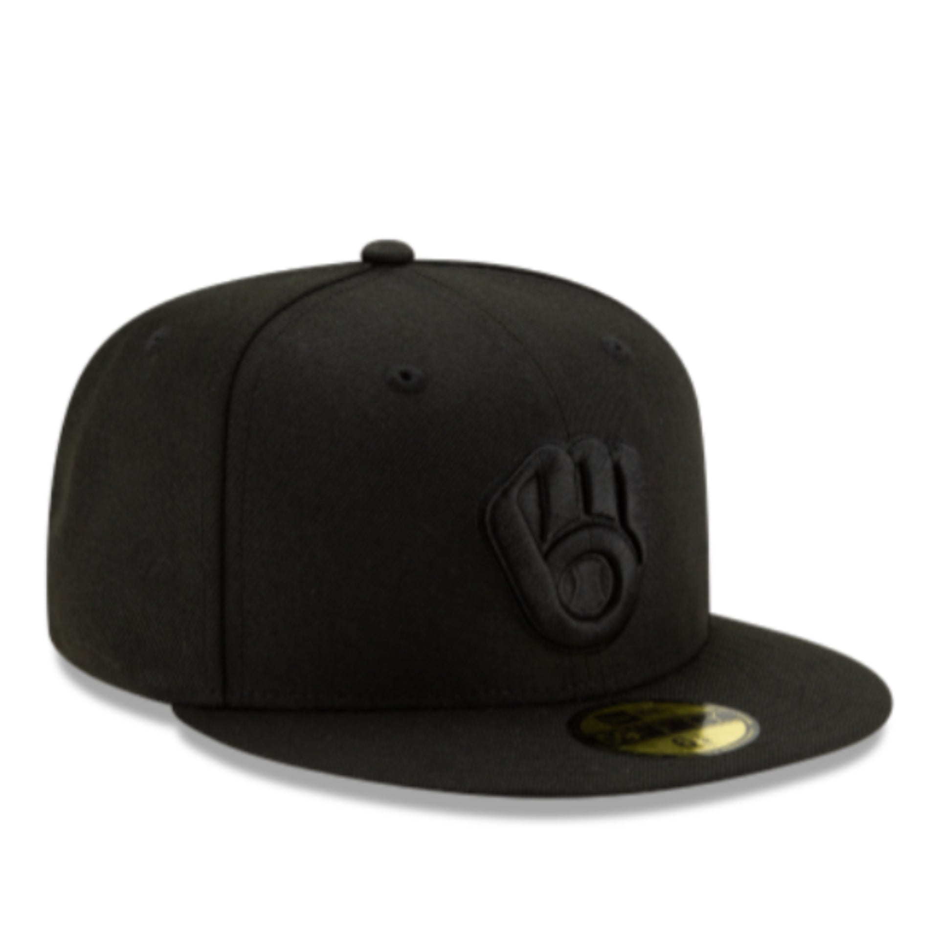 New Era Milwaukee Brewers Black on Black Glove Logo 59FIFTY Fitted Hat front right view