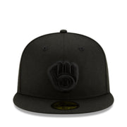 New Era Milwaukee Brewers Black on Black Glove Logo 59FIFTY Fitted Hat front view