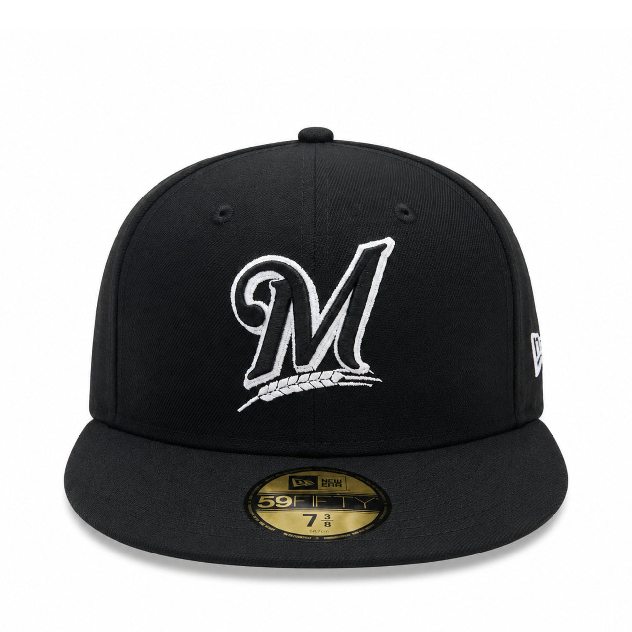 New Era Milwaukee Brewers Black White Outlined 59FIFTY Fitted Hat front view